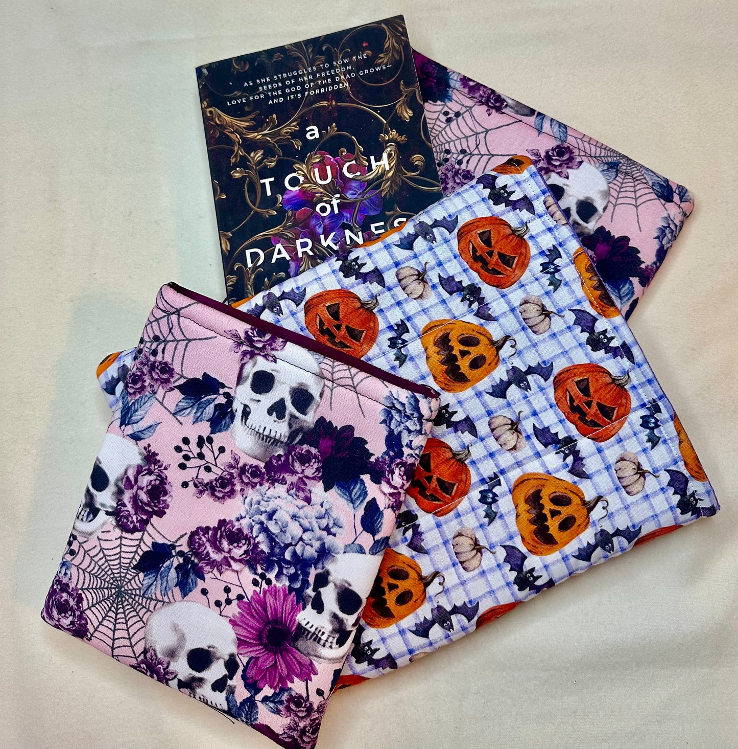Floral Skull Book Sleeve, Purple Gingham E-Reader Holder, Pumpkin Notebook Protector, Jack o Lantern
