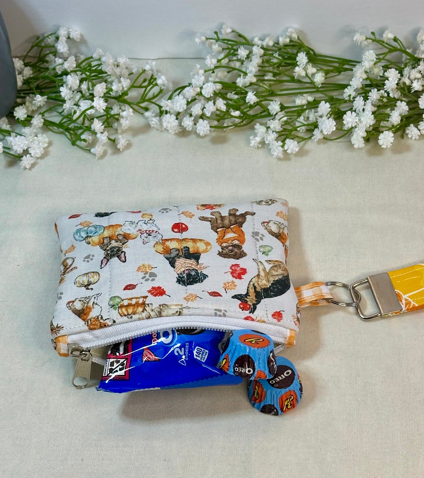 Fall Quilted Keychain Wallet, Autumn Lanyard Badge and card Holder, Dog Zipper Wristlet Wallet