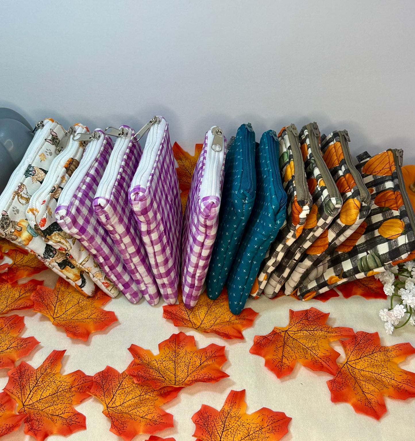 Fall Quilted Keychain Wallet, Autumn Lanyard Badge and card Holder, Dog Zipper Wristlet Wallet