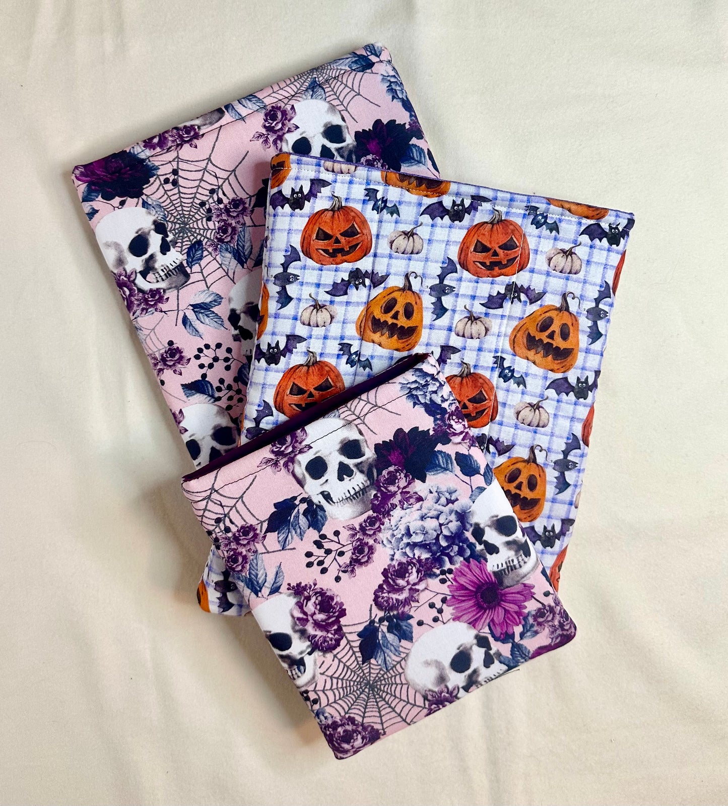 Floral Skull Book Sleeve, Purple Gingham E-Reader Holder, Pumpkin Notebook Protector, Jack o Lantern