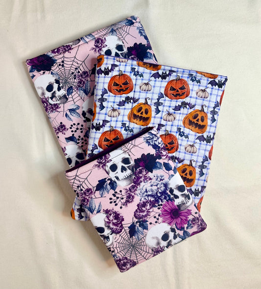 Floral Skull Book Sleeve, Purple Gingham E-Reader Holder, Pumpkin Notebook Protector, Jack o Lantern